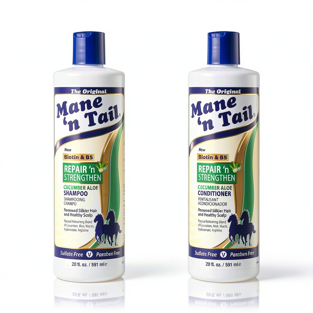 Mane n Tail shampoo and conditioner bottles displayed on a bathroom shelf