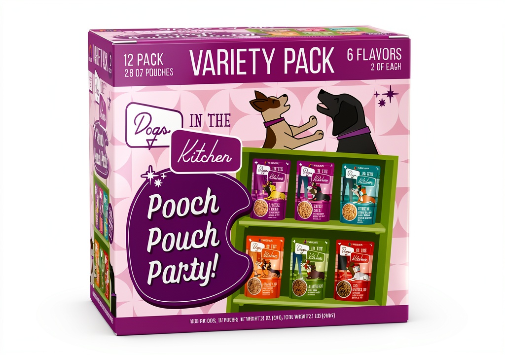 Weruva Pooch Pouch Party Variety Pack displayed with open pouches showing natural ingredients