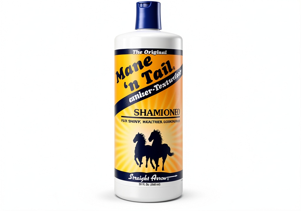 Mane n Tail shampoo and conditioner bottles displayed with a horse and dog